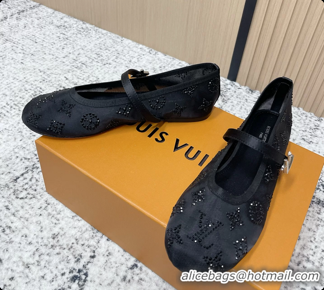 Luxury Louis Vuitton Mary Jane Romy Flat Ballerina Black Mesh Strass 6061709