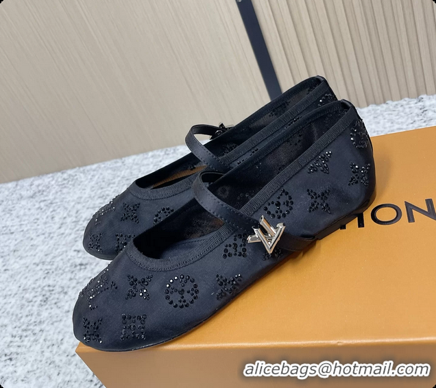 Luxury Louis Vuitton Mary Jane Romy Flat Ballerina Black Mesh Strass 6061709