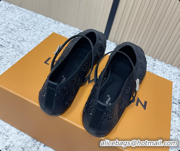 Luxury Louis Vuitton Mary Jane Romy Flat Ballerina Black Mesh Strass 6061709