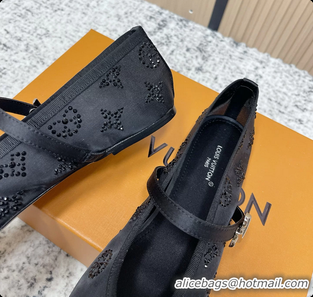 Luxury Louis Vuitton Mary Jane Romy Flat Ballerina Black Mesh Strass 6061709