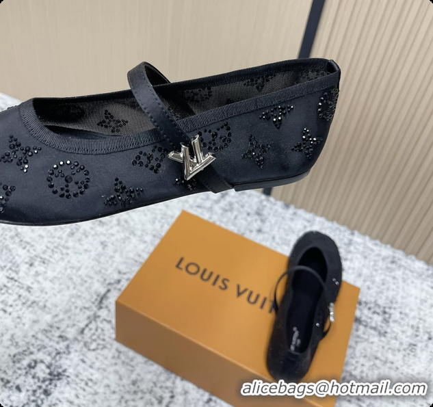 Luxury Louis Vuitton Mary Jane Romy Flat Ballerina Black Mesh Strass 6061709