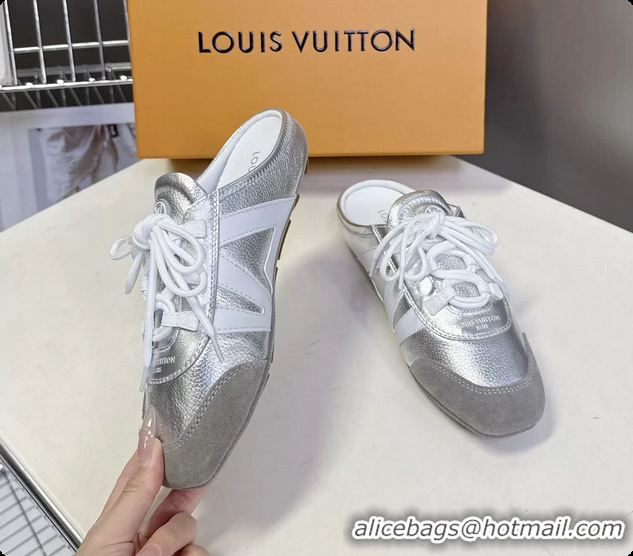 Big Discount Louis Vuitton LV Sneakerina Open Back Ballerina Sneakers Silver White Leather 6061711