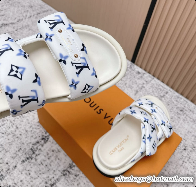 Popular Style Louis Vuitton Pool Pillow Comfort Flat Mule Sandals Nylon White Blue Monogram Fabric 6061803