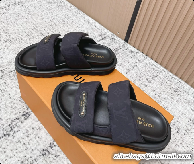 Top Grade Louis Vuitton Pool Pillow Comfort Flat Mule Sandals Nylon Black Monogram Fabric 6061803