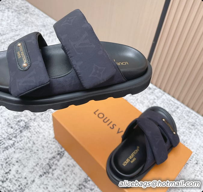 Top Grade Louis Vuitton Pool Pillow Comfort Flat Mule Sandals Nylon Black Monogram Fabric 6061803