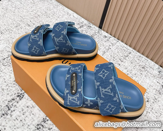 Low Cost Louis Vuitton Pool Pillow Comfort Flat Mule Sandals Denim Blue Monogram Fabric 6061803