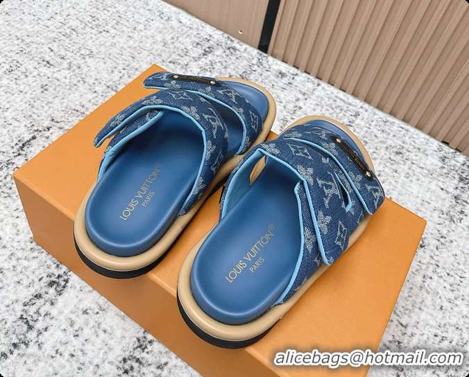 Low Cost Louis Vuitton Pool Pillow Comfort Flat Mule Sandals Denim Blue Monogram Fabric 6061803