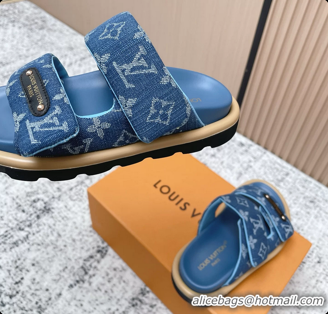 Low Cost Louis Vuitton Pool Pillow Comfort Flat Mule Sandals Denim Blue Monogram Fabric 6061803