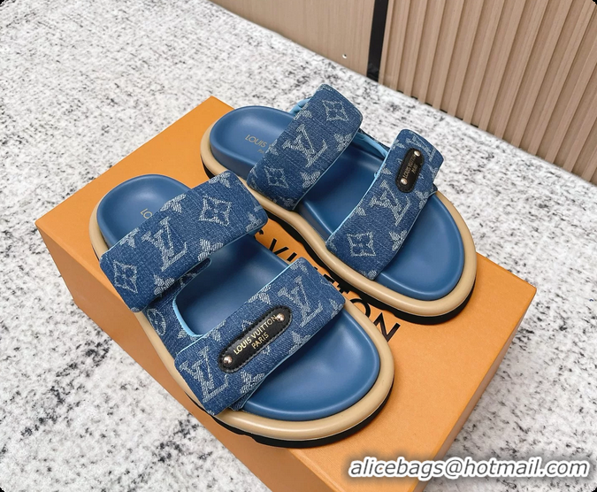 Low Cost Louis Vuitton Pool Pillow Comfort Flat Mule Sandals Denim Blue Monogram Fabric 6061803