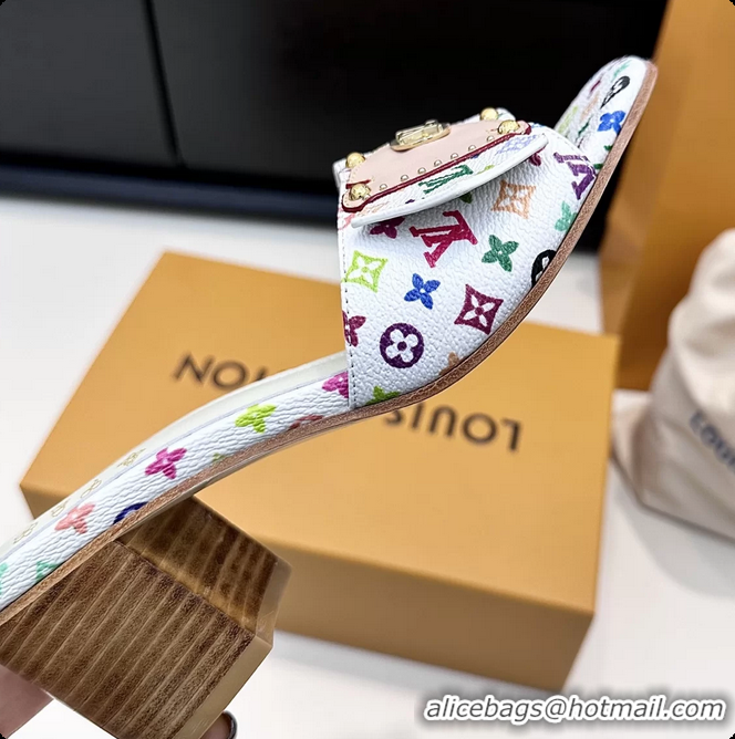 Durable Louis Vuitton LVxTM LV Frame Heeled Mule Slides Sandals White Multicolor Monogram Canvas 6061903