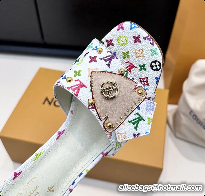 Durable Louis Vuitton LVxTM LV Frame Heeled Mule Slides Sandals White Multicolor Monogram Canvas 6061903