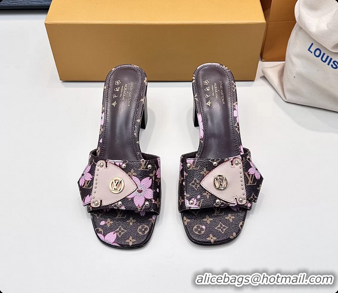 Shop Duplicate Louis Vuitton LVxTM LV Frame Heeled Mule Slides Sandals Brown Cherry Monogram Canvas 6061903