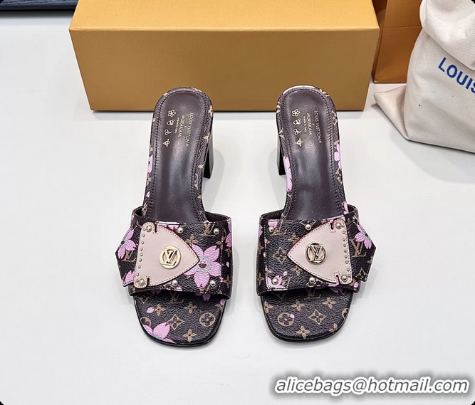 Shop Duplicate Louis Vuitton LVxTM LV Frame Heeled Mule Slides Sandals Brown Cherry Monogram Canvas 6061903