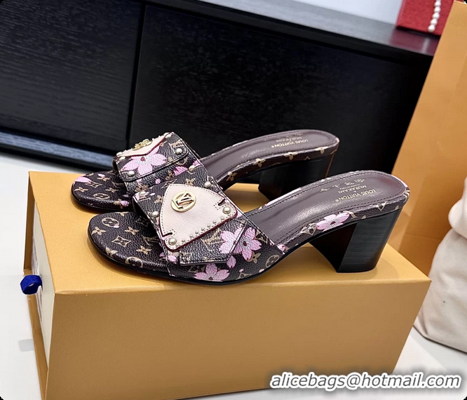 Shop Duplicate Louis Vuitton LVxTM LV Frame Heeled Mule Slides Sandals Brown Cherry Monogram Canvas 6061903