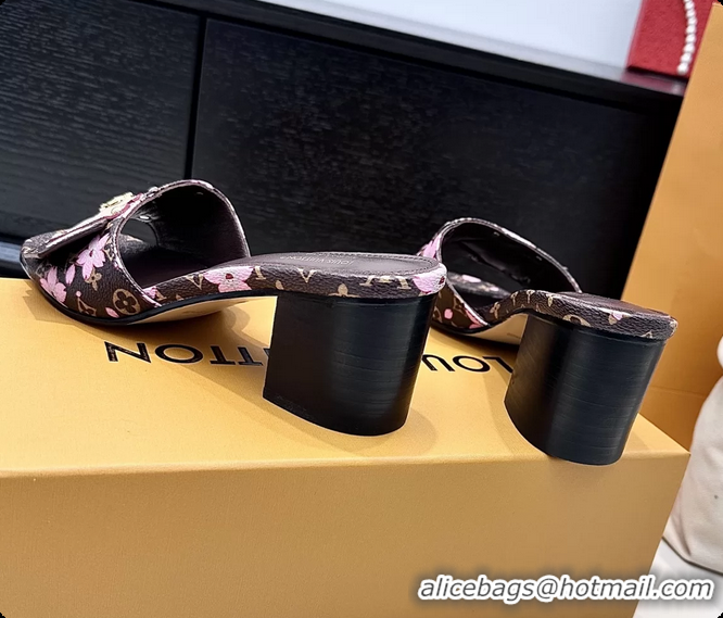 Shop Duplicate Louis Vuitton LVxTM LV Frame Heeled Mule Slides Sandals Brown Cherry Monogram Canvas 6061903