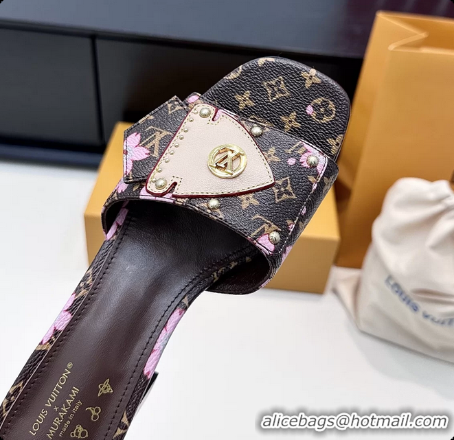 Shop Duplicate Louis Vuitton LVxTM LV Frame Heeled Mule Slides Sandals Brown Cherry Monogram Canvas 6061903