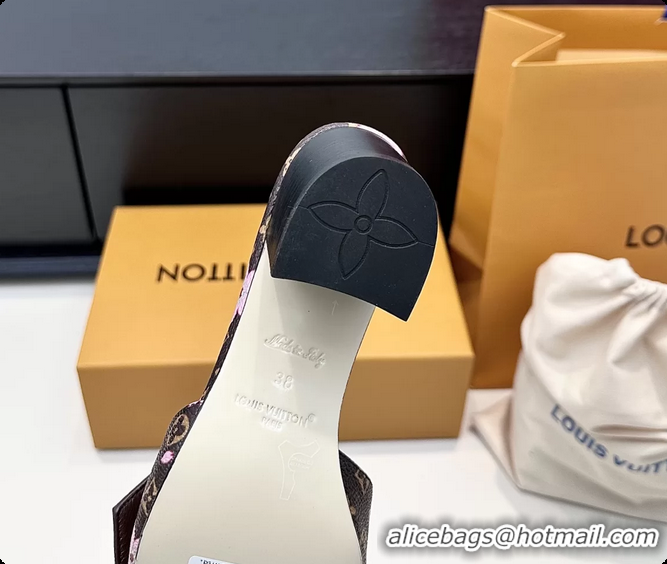 Shop Duplicate Louis Vuitton LVxTM LV Frame Heeled Mule Slides Sandals Brown Cherry Monogram Canvas 6061903