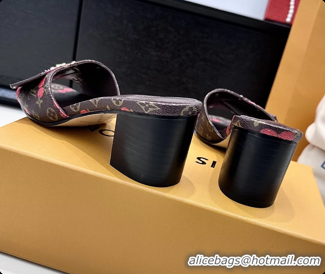 Best Product Louis Vuitton LVxTM LV Frame Heeled Mule Slides Sandals Brown Cherry Monogram Canvas 6061903