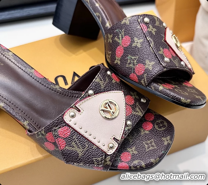 Best Product Louis Vuitton LVxTM LV Frame Heeled Mule Slides Sandals Brown Cherry Monogram Canvas 6061903