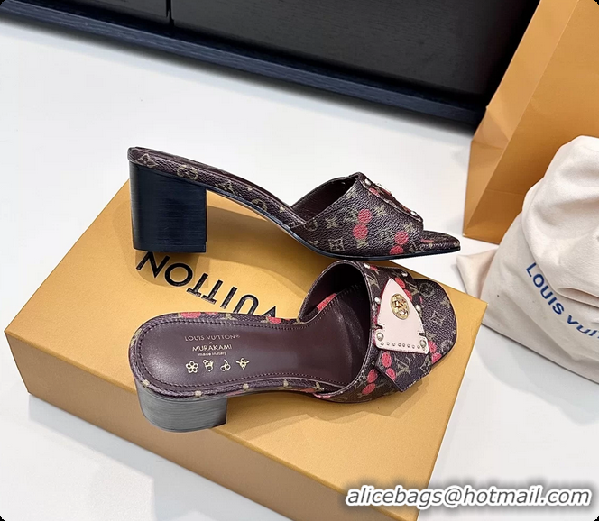 Best Product Louis Vuitton LVxTM LV Frame Heeled Mule Slides Sandals Brown Cherry Monogram Canvas 6061903