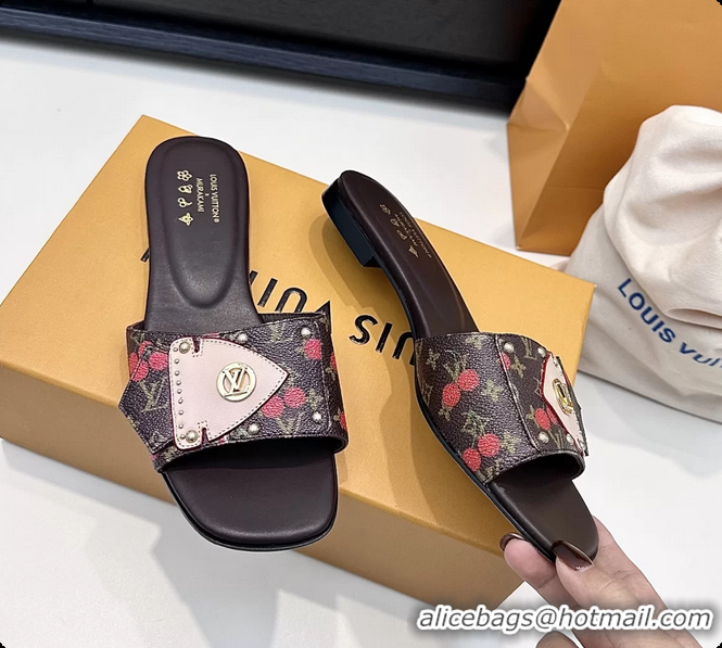 Big Discount Louis Vuitton LVxTM LV Frame Flat Mule Slides Sandals Brown Cherry Monogram Canvas 6061903