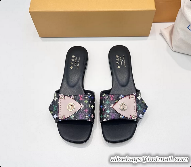 Unique Discount Louis Vuitton LVxTM LV Frame Flat Mule Slides Sandals Black Multicolor Monogram Canvas 6061903