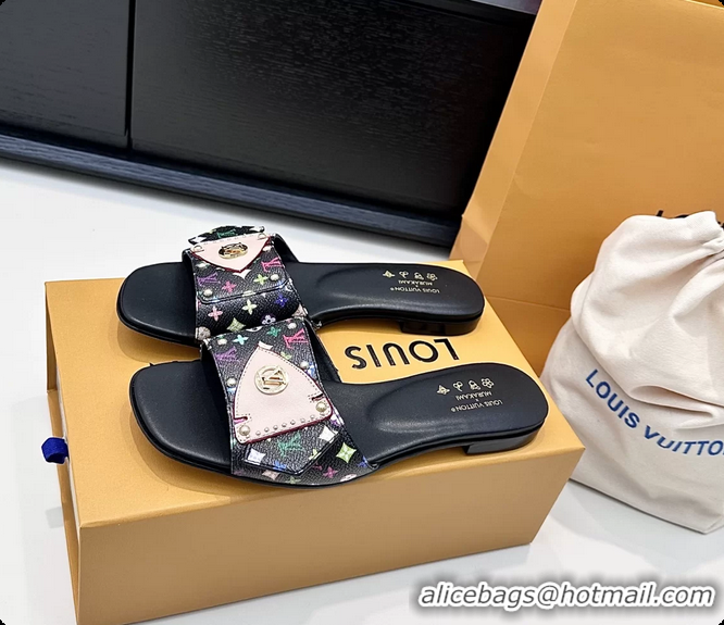 Unique Discount Louis Vuitton LVxTM LV Frame Flat Mule Slides Sandals Black Multicolor Monogram Canvas 6061903