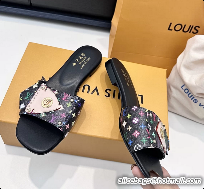 Unique Discount Louis Vuitton LVxTM LV Frame Flat Mule Slides Sandals Black Multicolor Monogram Canvas 6061903