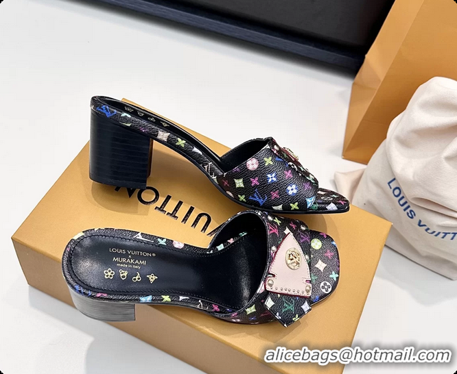 Sumptuous Louis Vuitton LVxTM LV Frame Heeled Mule Slides Sandals Black Multicolor Monogram Canvas 6061905