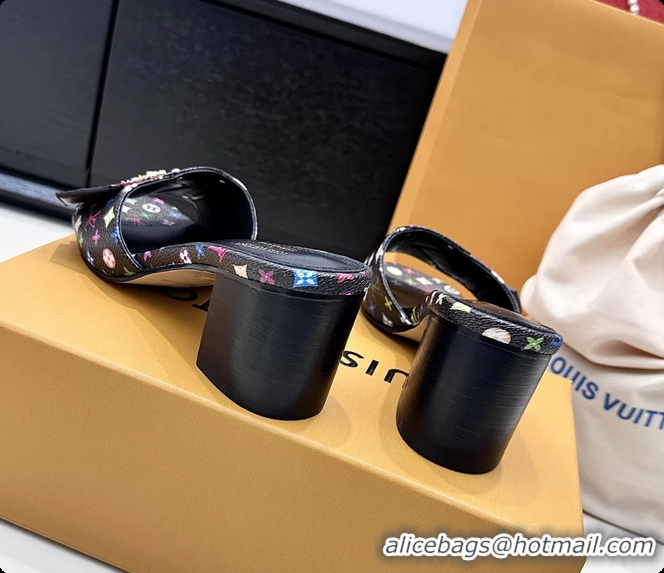 Sumptuous Louis Vuitton LVxTM LV Frame Heeled Mule Slides Sandals Black Multicolor Monogram Canvas 6061905