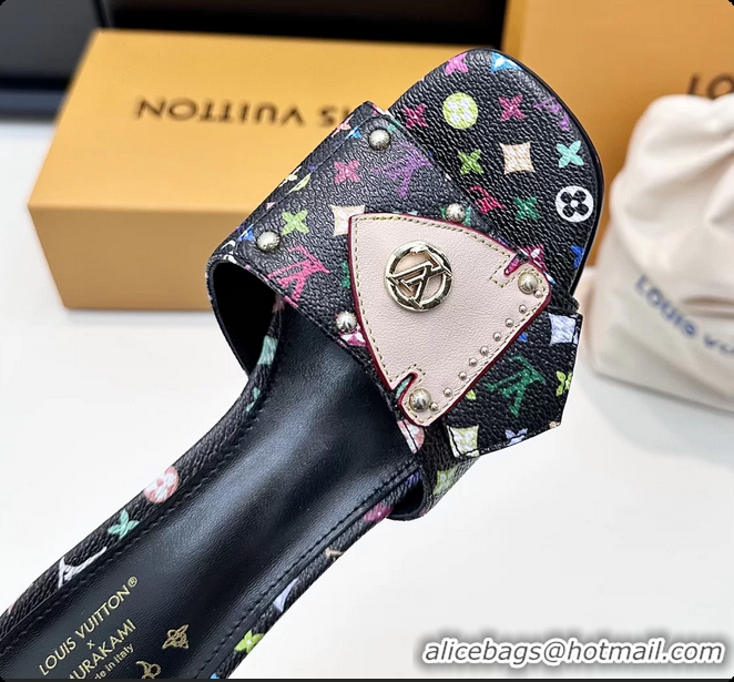 Sumptuous Louis Vuitton LVxTM LV Frame Heeled Mule Slides Sandals Black Multicolor Monogram Canvas 6061905