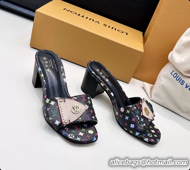 Sumptuous Louis Vuitton LVxTM LV Frame Heeled Mule Slides Sandals Black Multicolor Monogram Canvas 6061905