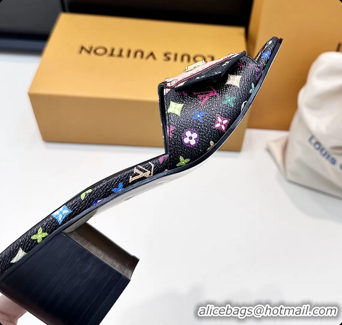 Sumptuous Louis Vuitton LVxTM LV Frame Heeled Mule Slides Sandals Black Multicolor Monogram Canvas 6061905
