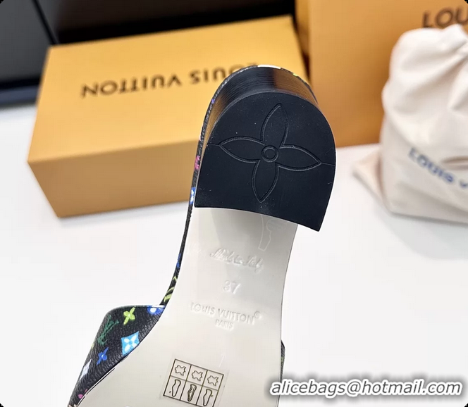 Sumptuous Louis Vuitton LVxTM LV Frame Heeled Mule Slides Sandals Black Multicolor Monogram Canvas 6061905