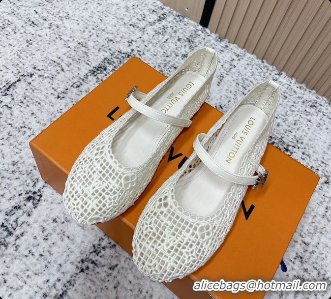 Stylish Louis Vuitton LV Romy Mary Janes Ballet Flats White Embroidered Fabric 6061906