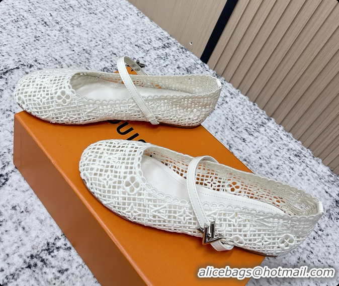 Stylish Louis Vuitton LV Romy Mary Janes Ballet Flats White Embroidered Fabric 6061906