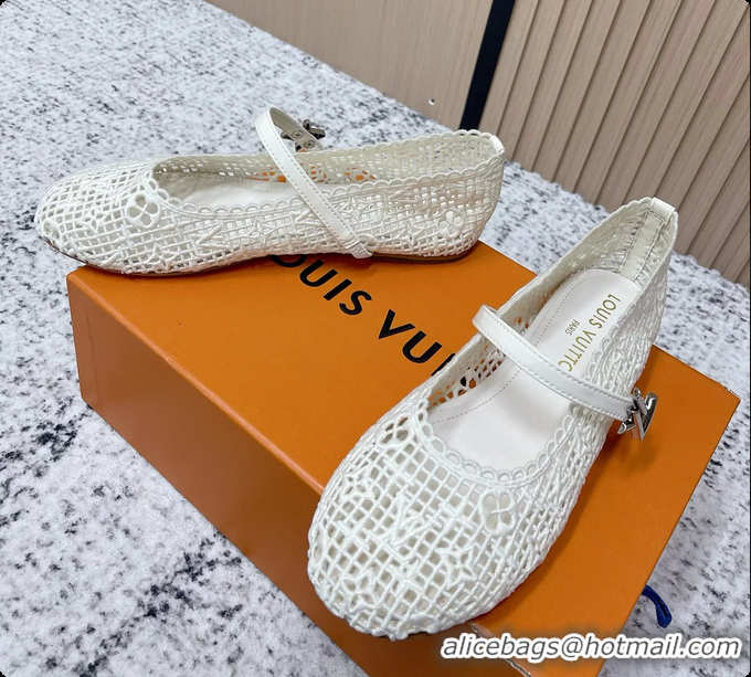 Stylish Louis Vuitton LV Romy Mary Janes Ballet Flats White Embroidered Fabric 6061906