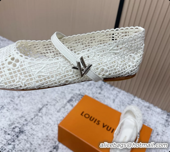Stylish Louis Vuitton LV Romy Mary Janes Ballet Flats White Embroidered Fabric 6061906