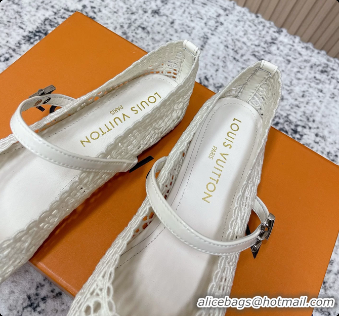 Stylish Louis Vuitton LV Romy Mary Janes Ballet Flats White Embroidered Fabric 6061906