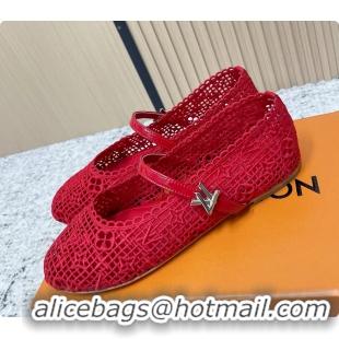 Grade Louis Vuitton LV Romy Mary Janes Ballet Flats Red Embroidered Fabric 6061906