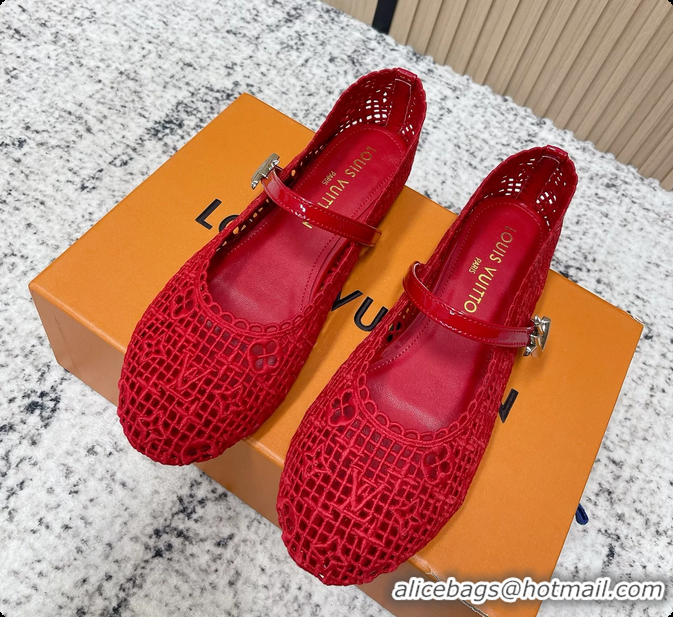 Grade Louis Vuitton LV Romy Mary Janes Ballet Flats Red Embroidered Fabric 6061906