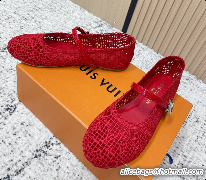 Grade Louis Vuitton LV Romy Mary Janes Ballet Flats Red Embroidered Fabric 6061906