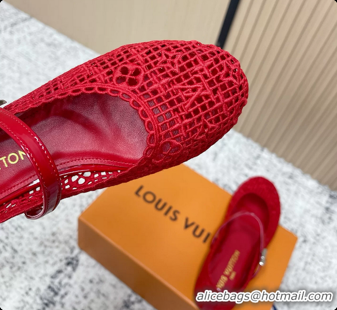 Grade Louis Vuitton LV Romy Mary Janes Ballet Flats Red Embroidered Fabric 6061906