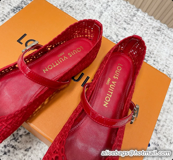 Grade Louis Vuitton LV Romy Mary Janes Ballet Flats Red Embroidered Fabric 6061906