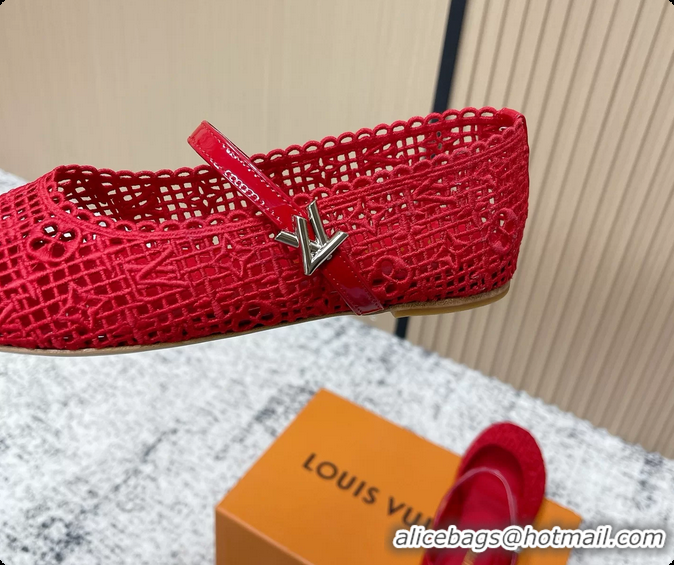 Grade Louis Vuitton LV Romy Mary Janes Ballet Flats Red Embroidered Fabric 6061906