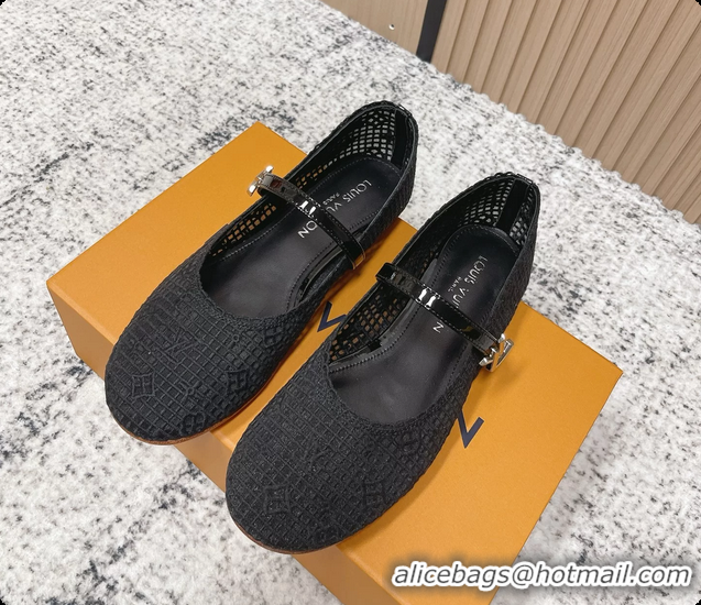 Hot Style Louis Vuitton LV Romy Mary Janes Ballet Flats Black Embroidered Fabric 6061906