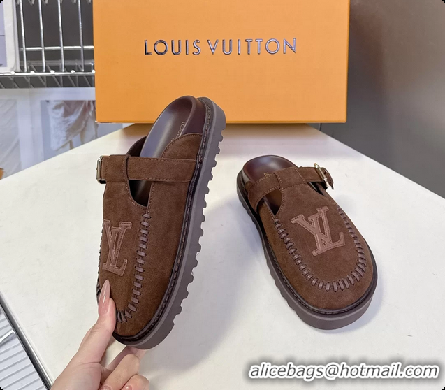 Popular Style Louis Vuitton Colorado Closed Flat Mules Brown Suede Calf Leather 6062001