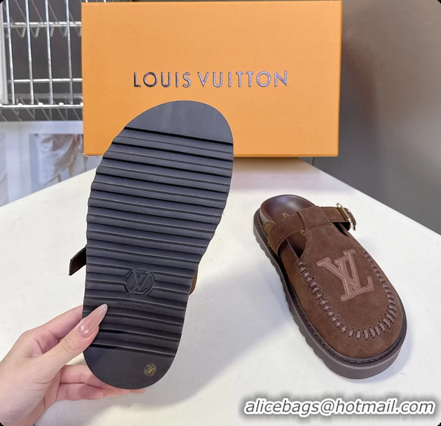 Popular Style Louis Vuitton Colorado Closed Flat Mules Brown Suede Calf Leather 6062001