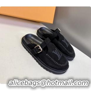 Feminine Louis Vuitton Colorado Closed Flat Mules Black Suede Calf Leather 6062002