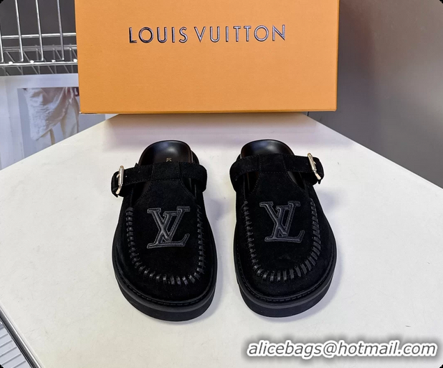 Feminine Louis Vuitton Colorado Closed Flat Mules Black Suede Calf Leather 6062002